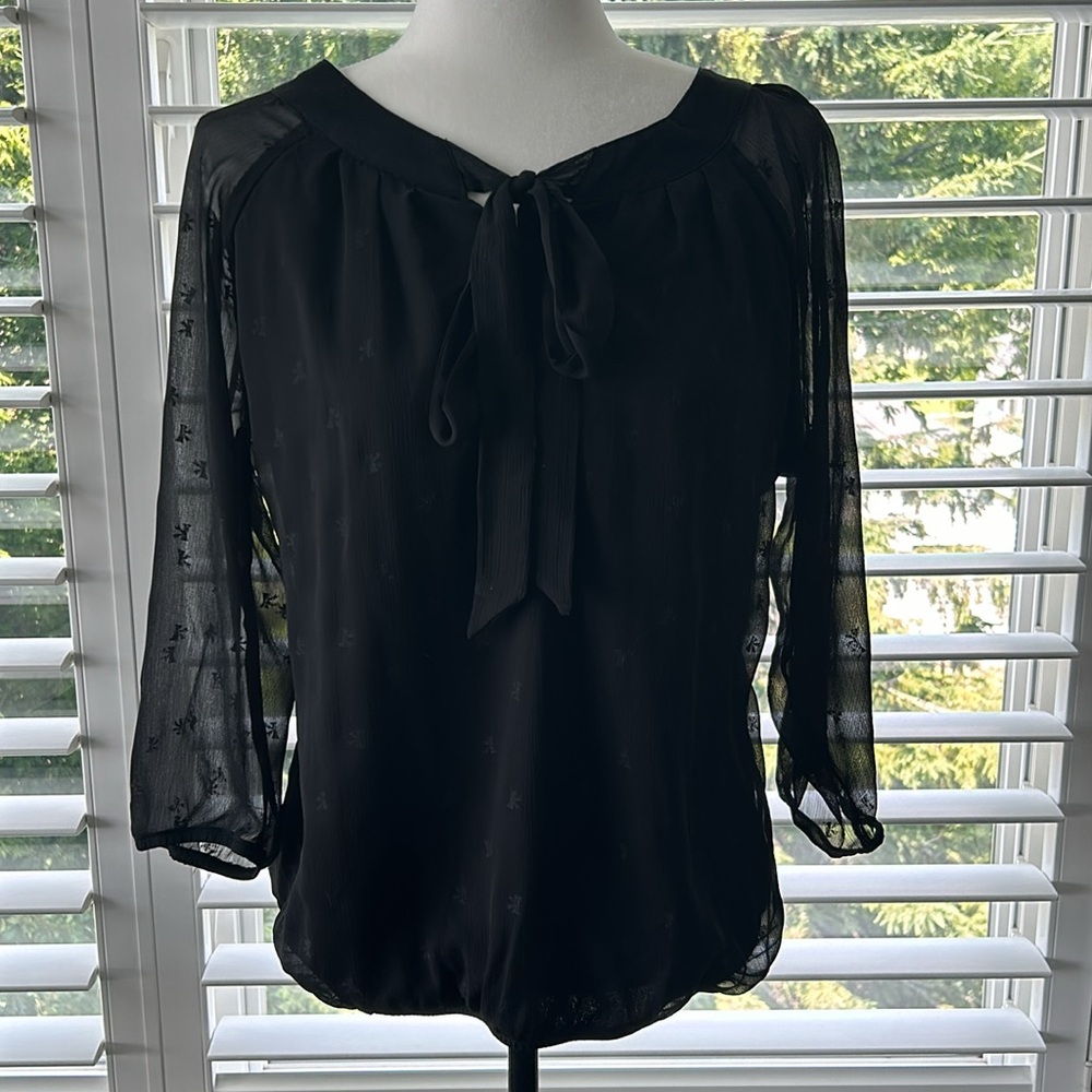 ISPIRI Women’s Black Bow Sheer Sleeve Blouse, Elastic Waist Sleeves, Dress Shirt
